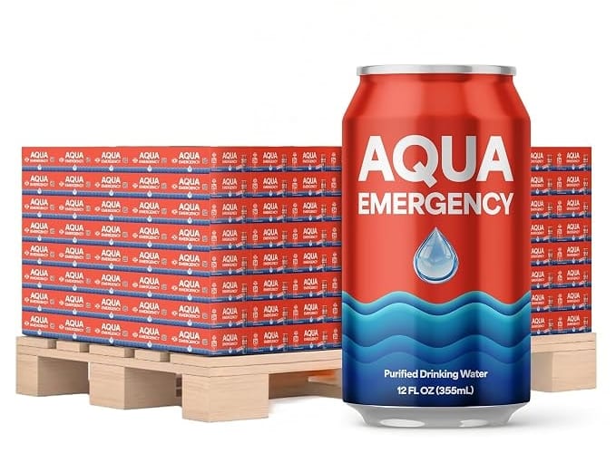 Warehouse with pallets of emergency water supply
